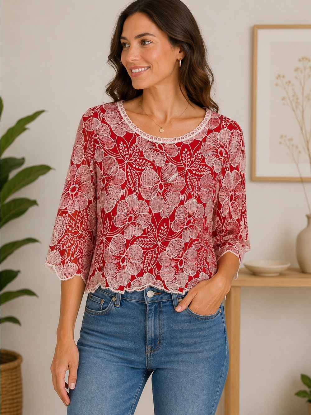 Solitaire Red Floral Lace-Overlay Blouse